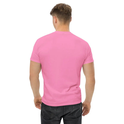 Back view of man wearing pink Unisex T-Shirt made of 100% cotton, showcasing casual style and comfort.