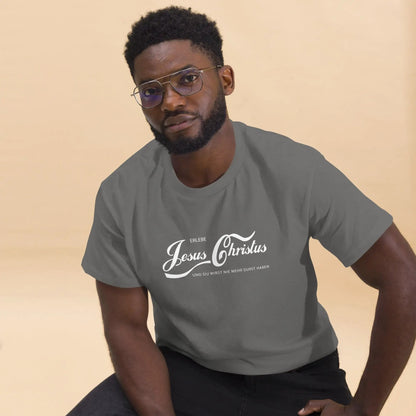Man wearing a T-shirt with 'Erlebe Jesus Christus und du wirst nie mehr Durst haben' printed on it, symbolizing faith and inspiration.