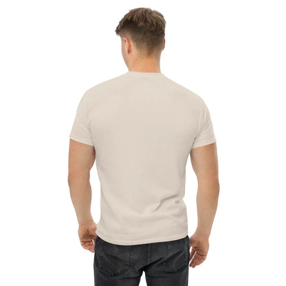 Back view of a man wearing a white unisex t-shirt