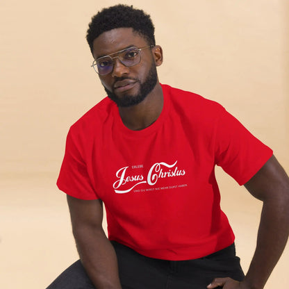 Man wearing red T-shirt with text 'Erlebe Jesus Christus und du wirst nie mehr Durst haben', expressing faith and inspiration.