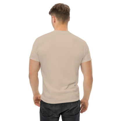 Back view of a person wearing a beige T-shirt, showcasing the fit and style.