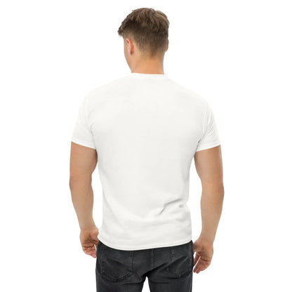 Back view of a man wearing a white T-shirt showcasing Christian-themed design, emphasizing faith and inspiration.