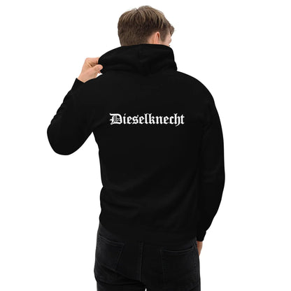 Man wearing a black hoodie with "Dieselknecht" printed on the back, showcasing casual style and comfort for cooler evenings.