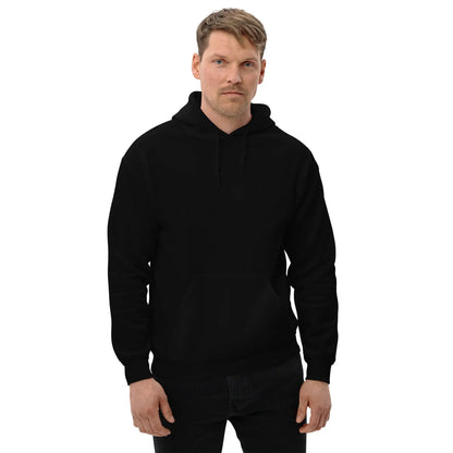 Man wearing black "Dieselknecht" hoodie with back print, stylish and cozy for cooler evenings.