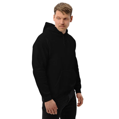 Man wearing black "Dieselknecht" hoodie with back print, showcasing comfortable and stylish design for cooler evenings.