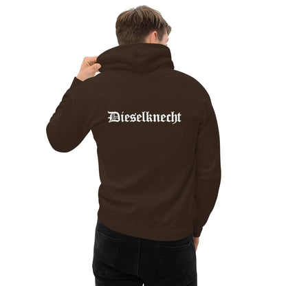Back view of person wearing brown "Dieselknecht" hoodie, showcasing stylish and cozy design with printed back text.