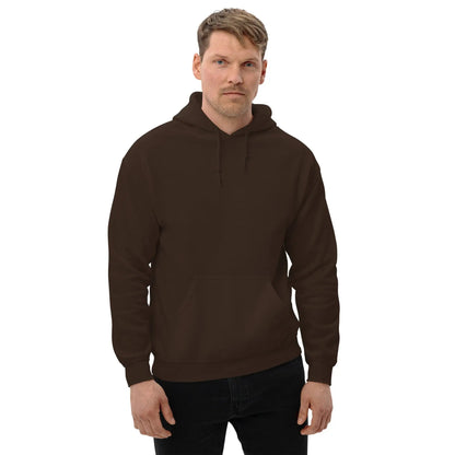 Person wearing a dark brown hoodie with a simple design, showcasing casual and comfortable fashion ideal for cooler evenings.