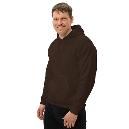 Man wearing dark brown hoodie with "Dieselknecht" back print, showcasing cozy and stylish design. Perfect for cooler evenings with soft feel.