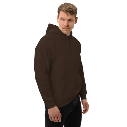 Person wearing "Dieselknecht" hoodie in dark brown, showcasing side profile and comfort fit.