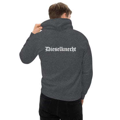 Dark gray hoodie with 'Dieselknecht' printed on the back, worn by a person, showcasing comfort and style for cooler evenings.