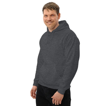 Man wearing a dark gray hoodie with front pocket, styled for cool weather, showcasing the blend of comfort and style.