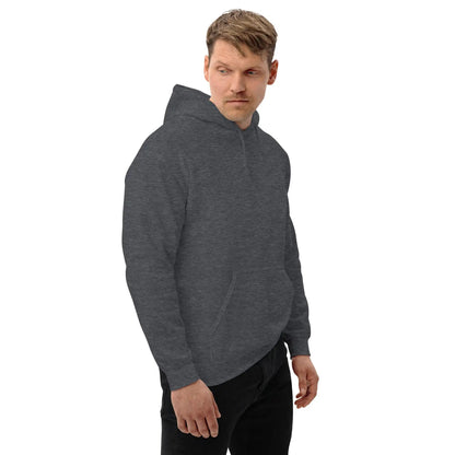Man wearing a dark gray "Dieselknecht" hoodie with a back print, showing a comfortable and stylish design for cooler evenings.