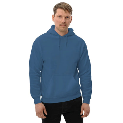 Man wearing blue hoodie with clean design, featuring drawstring and front pocket, ideal for casual wear during cooler days.
