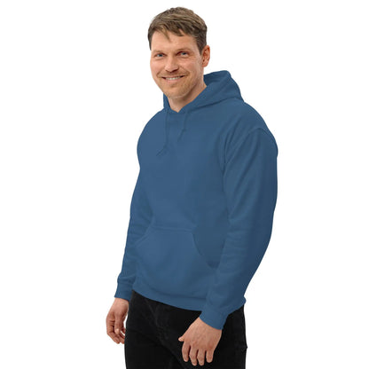 Man wearing blue hoodie with "Dieselknecht" back print, showcasing a cozy and stylish look for cooler evenings.