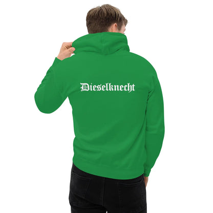 Green hoodie with "Dieselknecht" back print, featuring a cozy and stylish design ideal for cooler evenings.