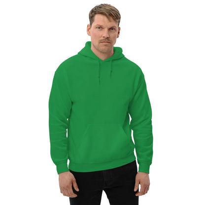Person wearing a green hoodie with a front pocket and adjustable hood.