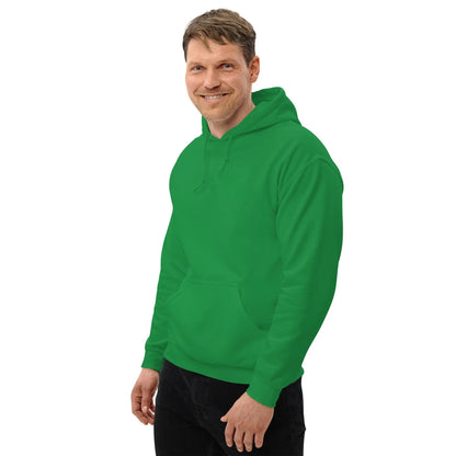 Man wearing a green hoodie with "Dieselknecht" print, showcasing comfortable and stylish apparel for cooler evenings.