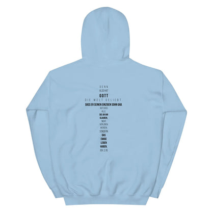 Blue hoodie with Johannes 3,16 Bible verse in cross form on the back, made from 50% preshrunk cotton and 50% polyester for comfort and style.