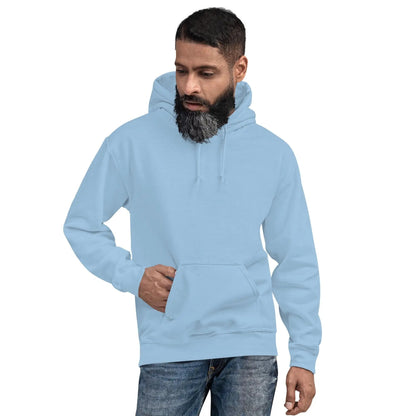 Man wearing a light blue hoodie showcasing "Jesus is My Boss" design, pairing style with faith, made from cotton and polyester.