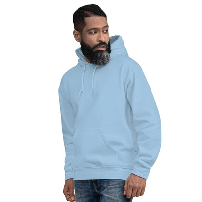 Man wearing light blue hoodie featuring "JESUS IS MY BOSS" design, showcasing style and faith; made from cotton and polyester for comfort.