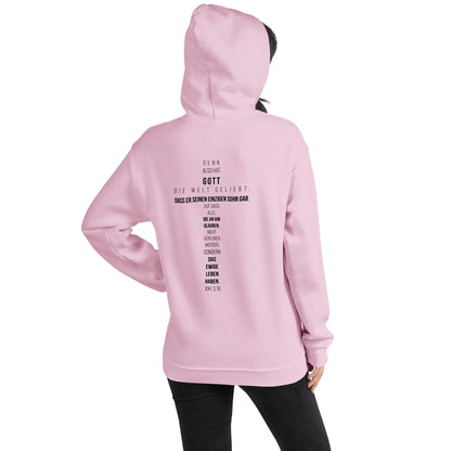 Back view of a pink hoodie displaying John 3:16 Bible verse in cross form, symbolizing faith and comfort.