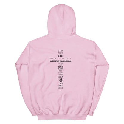 Pink hoodie with John 3:16 Bible verse in cross shape on the back, made of 50% pre-shrunk cotton and 50% polyester, soft and stylish.