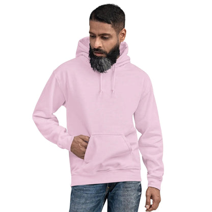 Person wearing a light pink hoodie with a front pocket, standing against a plain background.