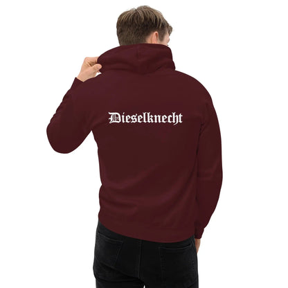 Hoodie mit Rückenaufdruck 'Dieselknecht' in Weinrot, perfekte Mischung aus Komfort und Stil für kühlere Abende.