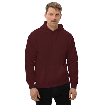 Man wearing a maroon hoodie with "Dieselknecht" back print, showcasing a blend of comfort and style, perfect for cool evenings.