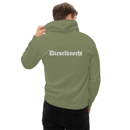 Man wearing olive green hoodie with 'Dieselknecht' back print, showcasing cozy and stylish design ideal for cool evenings.