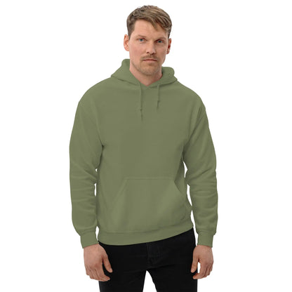 Man wearing olive green hoodie "Dieselknecht" with back print, combining comfort and style, ideal for cooler evenings.