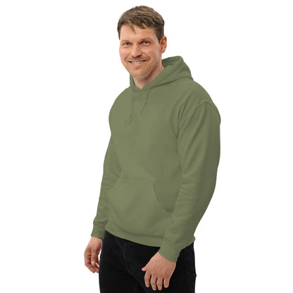 Smiling man wearing an olive green hoodie with a front pocket on a white background.