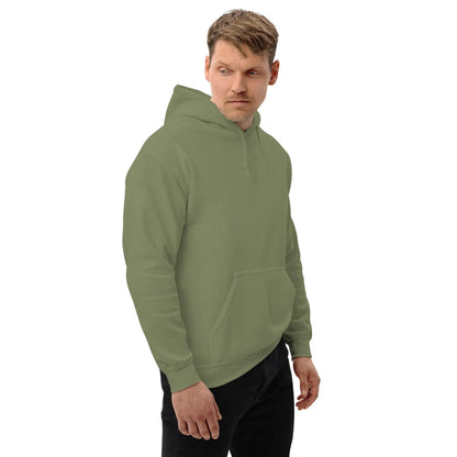 Man wearing olive green hoodie with front pocket and drawstring hood, looking over shoulder.