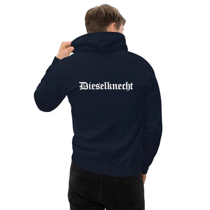 Person wearing a navy hoodie with back print "Dieselknecht" in white lettering, showcasing stylish comfort for cooler evenings.