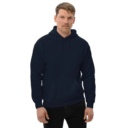 Man wearing a comfortable black hoodie with 'Dieselknecht' printed on the back, ideal for cool evenings, made from cotton and polyester blend.