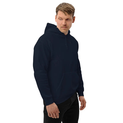 Person wearing a navy blue "Dieselknecht" hoodie with back print, showcasing its soft and stylish design, perfect for cooler evenings.