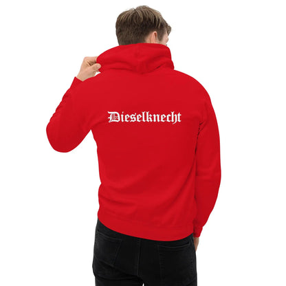 Red hoodie with white "Dieselknecht" back print, worn by a model, showcasing stylish and cozy design ideal for cooler evenings.