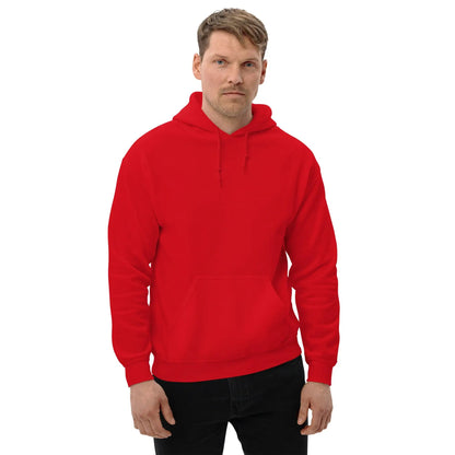 Man wearing a red hoodie with "DIESELKNECHT" back print, combining style and comfort, made from 50% cotton and 50% polyester.