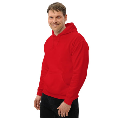 Man wearing a vibrant red hoodie, suitable for cooler evenings, featuring a comfortable fit and soft fabric blend of cotton and polyester.