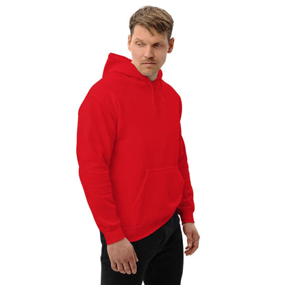 Man wearing red "Dieselknecht" hoodie with comfortable fit, showcasing soft cotton and polyester blend.