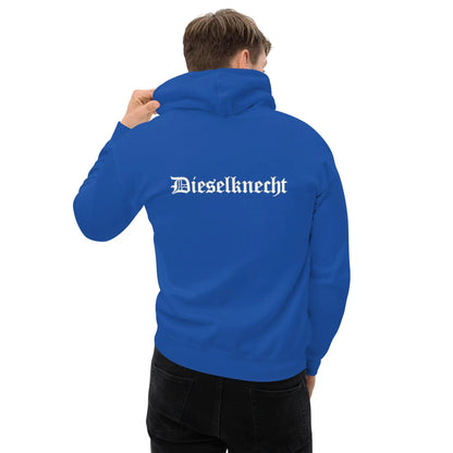 Blue hoodie with "Dieselknecht" printed on the back, worn by a person showing the back side. Comfortable and stylish for cooler evenings.