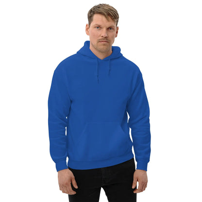 Man wearing a blue hoodie with "Dieselknecht" graphic on the back, showcasing casual style and comfort for cooler weather.