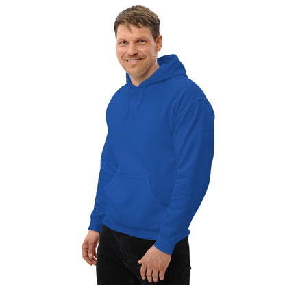 Man wearing a blue hoodie with "Dieselknecht" printed on the back, showcasing comfort and style for cooler evenings.
