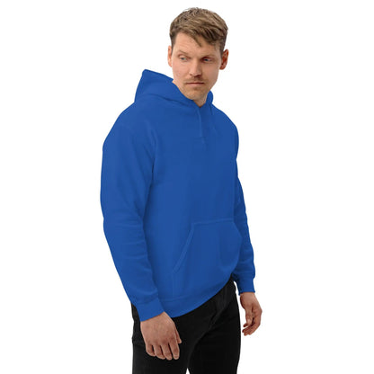Man wearing a blue "Dieselknecht" hoodie, showcasing the comfortable and stylish design perfect for cooler evenings.