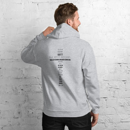 Gray hoodie with John 3:16 verse in cross shape, worn by model, ideal for style and comfort, made of cotton and polyester blend