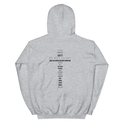 Grey hoodie featuring 'Johannes 3,16' Bible verse in cross shape, blending comfort and style with a 50% cotton, 50% polyester mix.