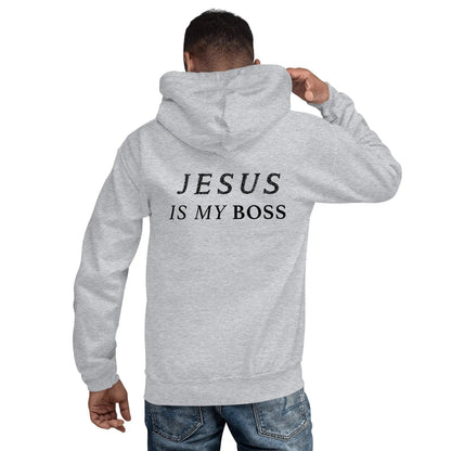 Gray "JESUS IS MY BOSS" hoodie in cotton-polyester blend, highlighting faith-based statement at the back view.