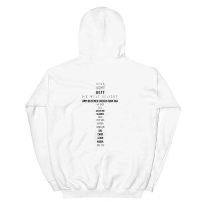 White hoodie featuring John 3:16 Bible verse in cross shape, made of preshrunk cotton and polyester, offering comfort and style.