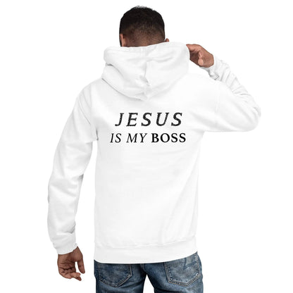Back view of a white hoodie with "JESUS IS MY BOSS" printed in bold black letters, modeled by a person adjusting the hood.