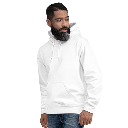 Man wearing a white "JESUS IS MY BOSS" hoodie, showcasing beliefs and style.
